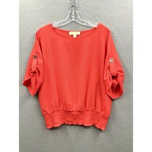 EUC Michael Kors Coral Textured Dolman Sleeve Smocked Waist Blouse Top Women's M